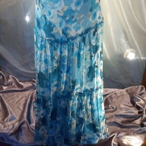 Newport News Teal & White Floral Tiered Maxi Skirt